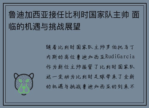 鲁迪加西亚接任比利时国家队主帅 面临的机遇与挑战展望