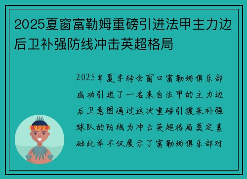 2025夏窗富勒姆重磅引进法甲主力边后卫补强防线冲击英超格局